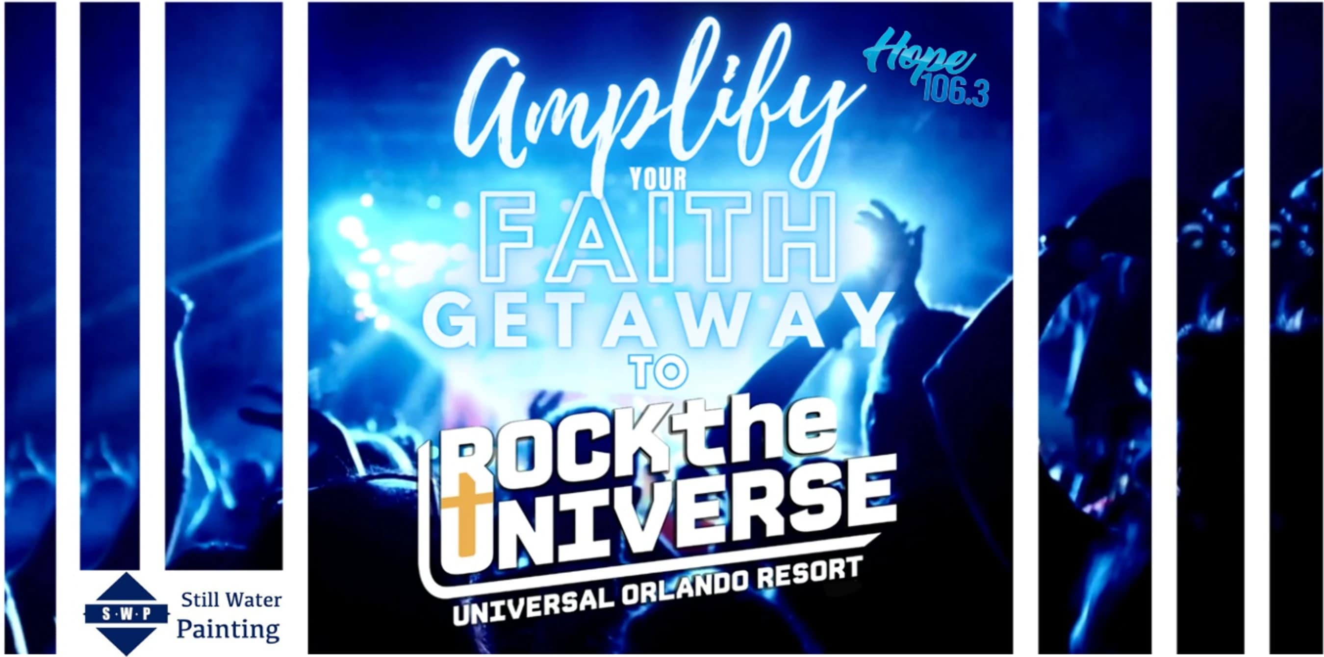 A promotional graphic for the 'Rock the Universe' faith getaway event, featuring a concert crowd with hands raised against bright blue stage lights.
